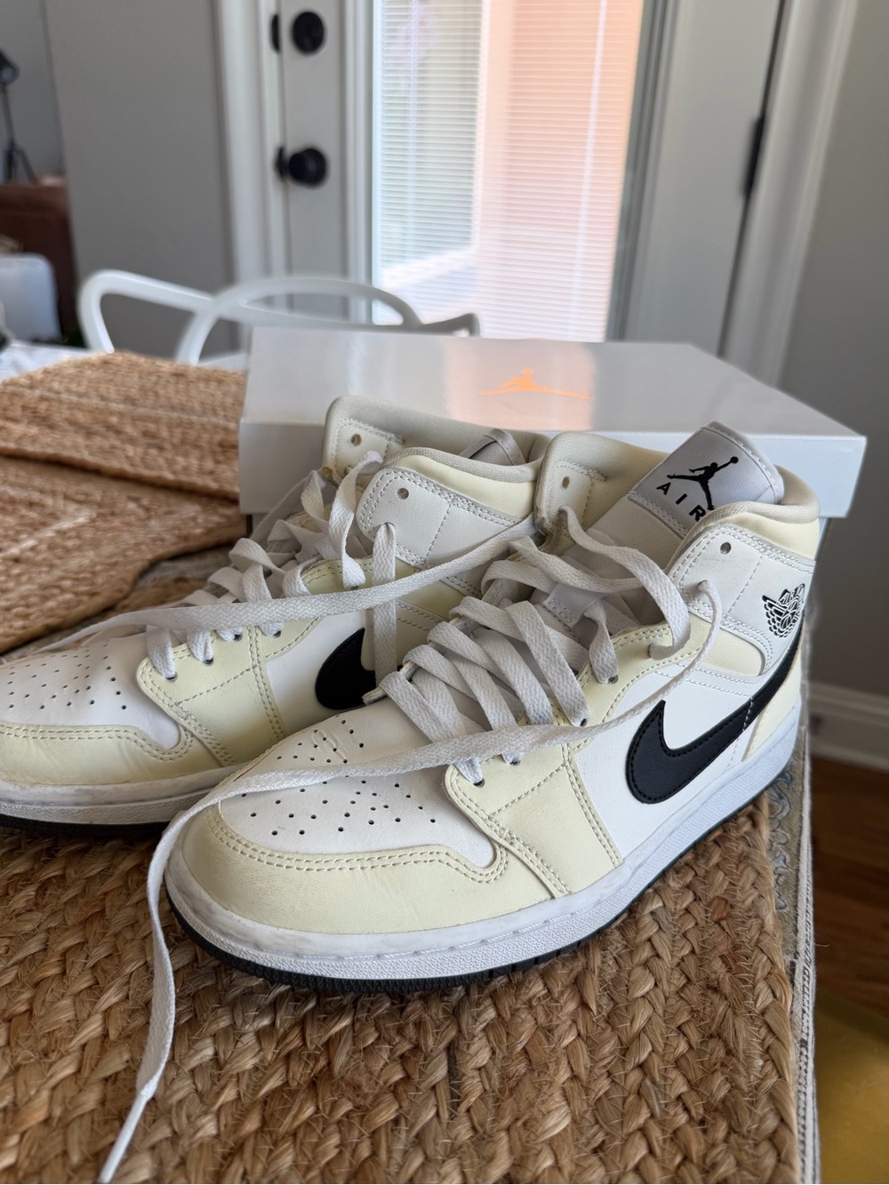 Jordan 1 Mid Coconut Milk with Black Swoosh